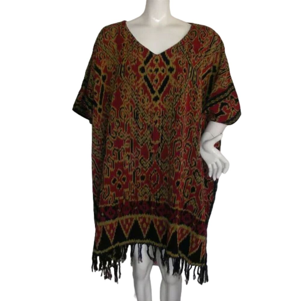 LOTUSTRADERS Tapestry Poncho, OS, Fringe, Red/Black, Side Seam, Cotton